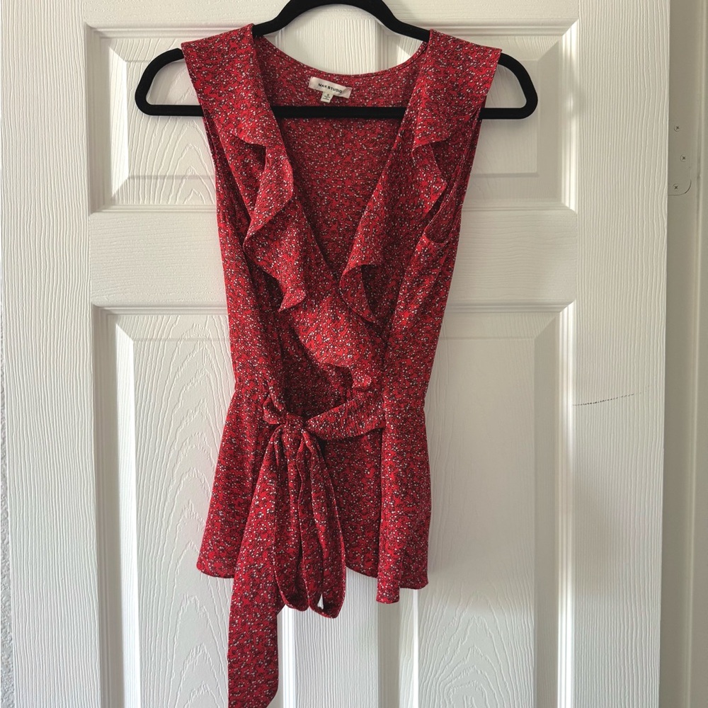Max Studio Red Floral Wrap Blouse